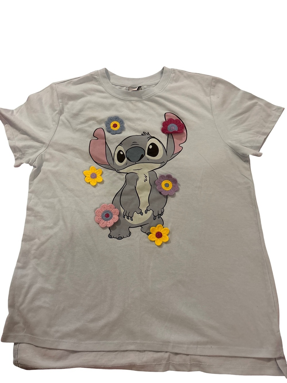 Disney Light Blue Stitch Tee with Colorful Flower Appliqués
